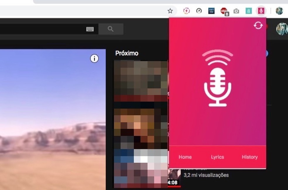 Extensão AudD Music Recognition em processo de reconhecimento de uma música em reprodução no Chrome — Foto: Reprodução/Marvin Costa