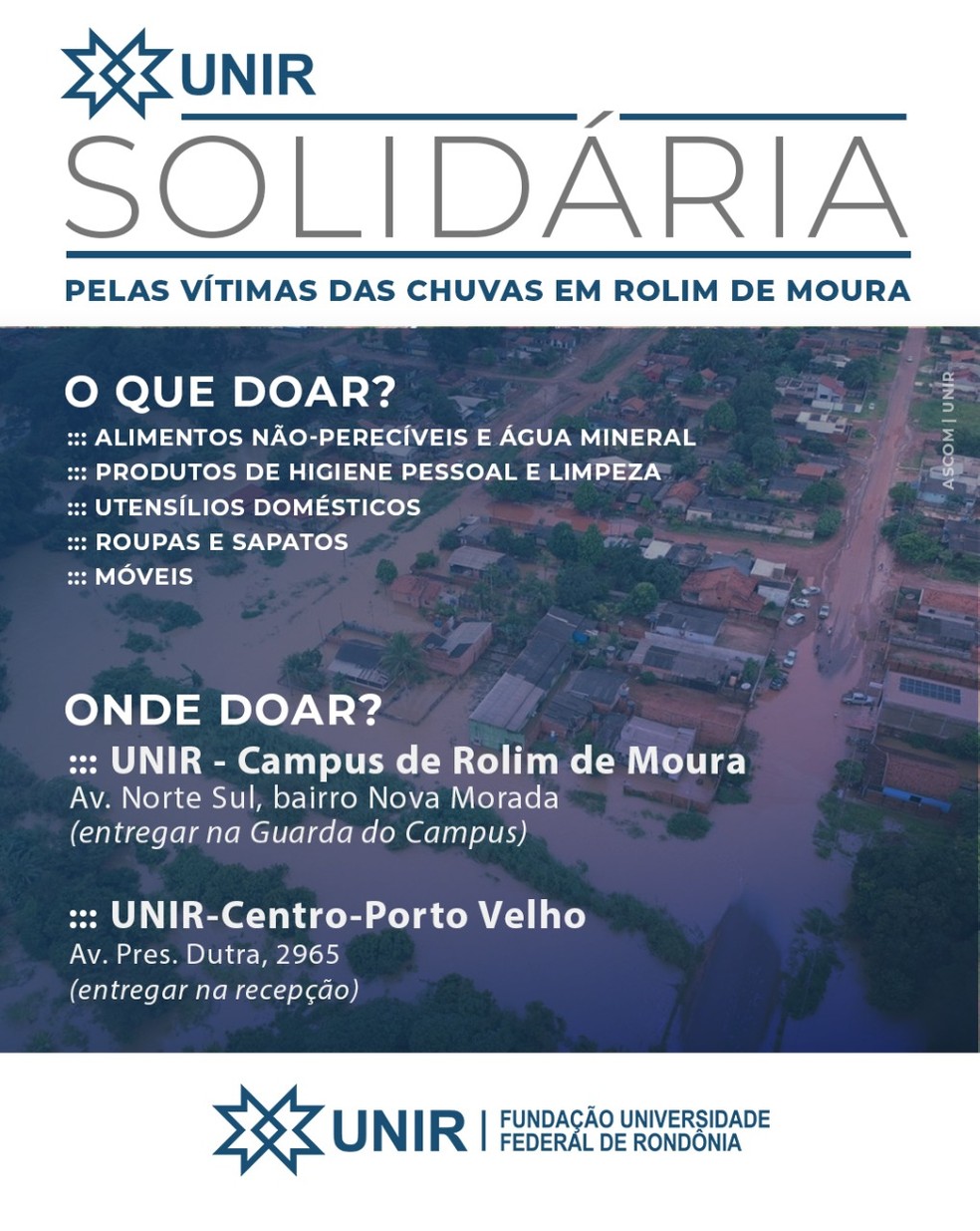 Unir faz campanha de arrecadação para vítimas de enchentes em Rolim de Moura — Foto: Reprodução