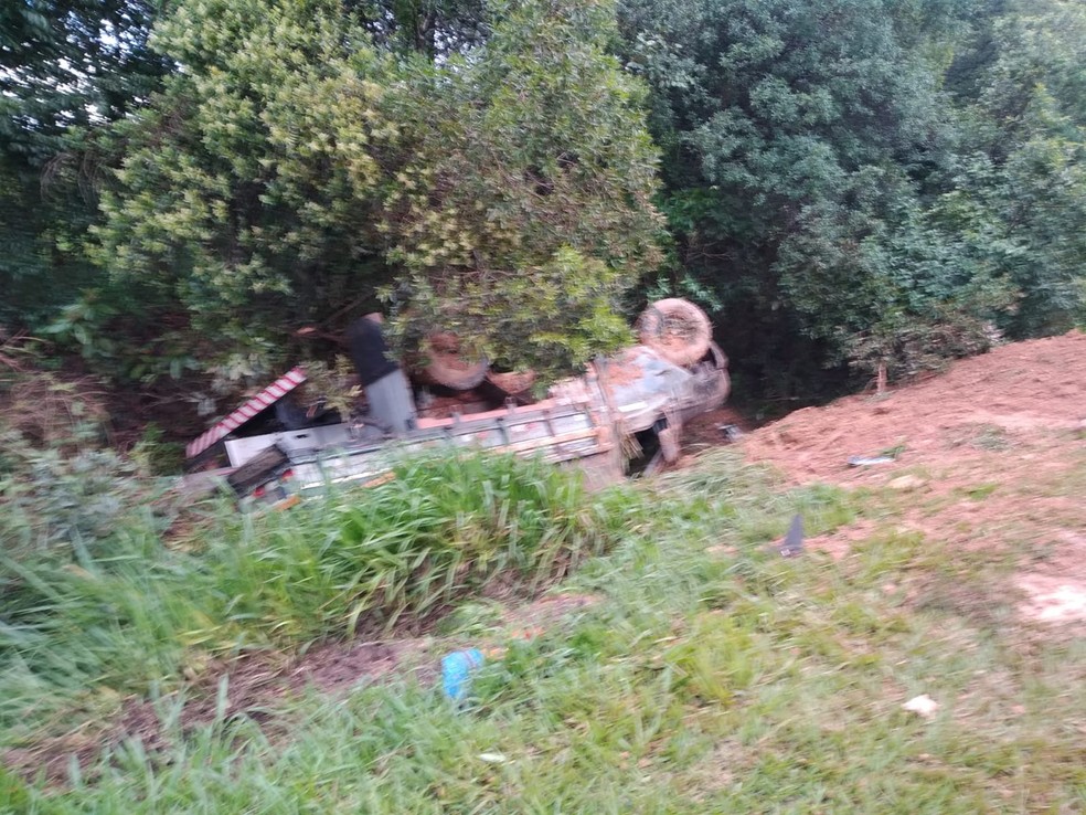 Caminhonete caiu em barranco após batida em BR-265, em São João del Rei — Foto: Corpo de Bombeiros/Divulgação