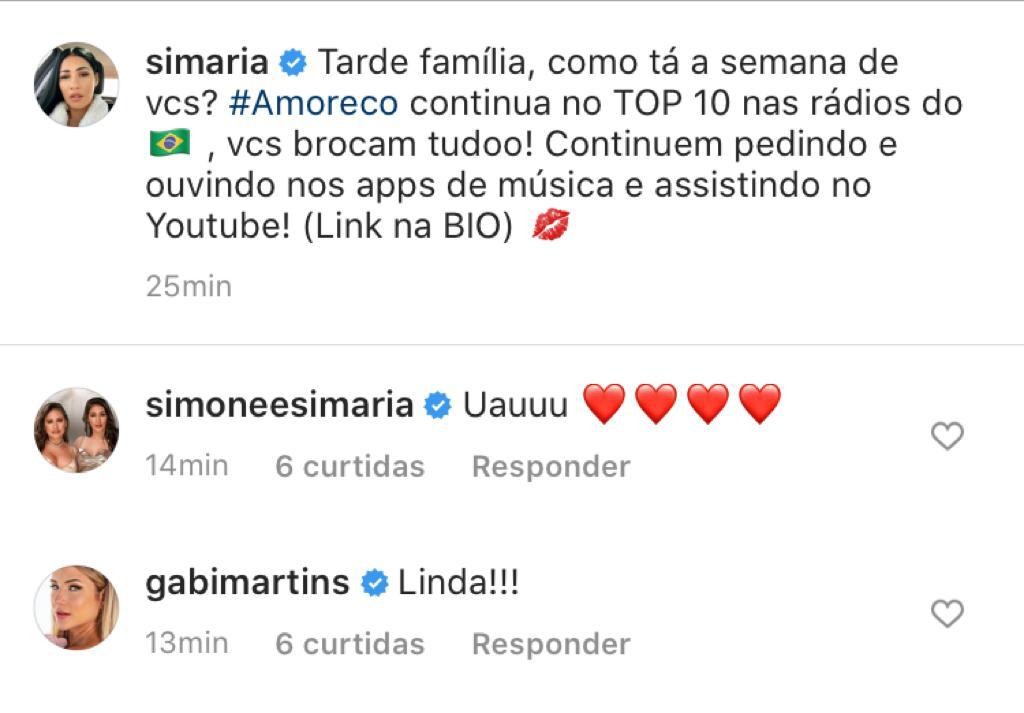 Gabi Martins comenta foto de Simaria (Foto: Reprodução / Instagram)