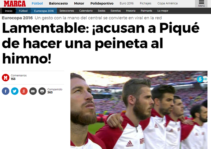 Jornal Marca exibe gesto de Piqué (Foto: Reprodução / Marca)