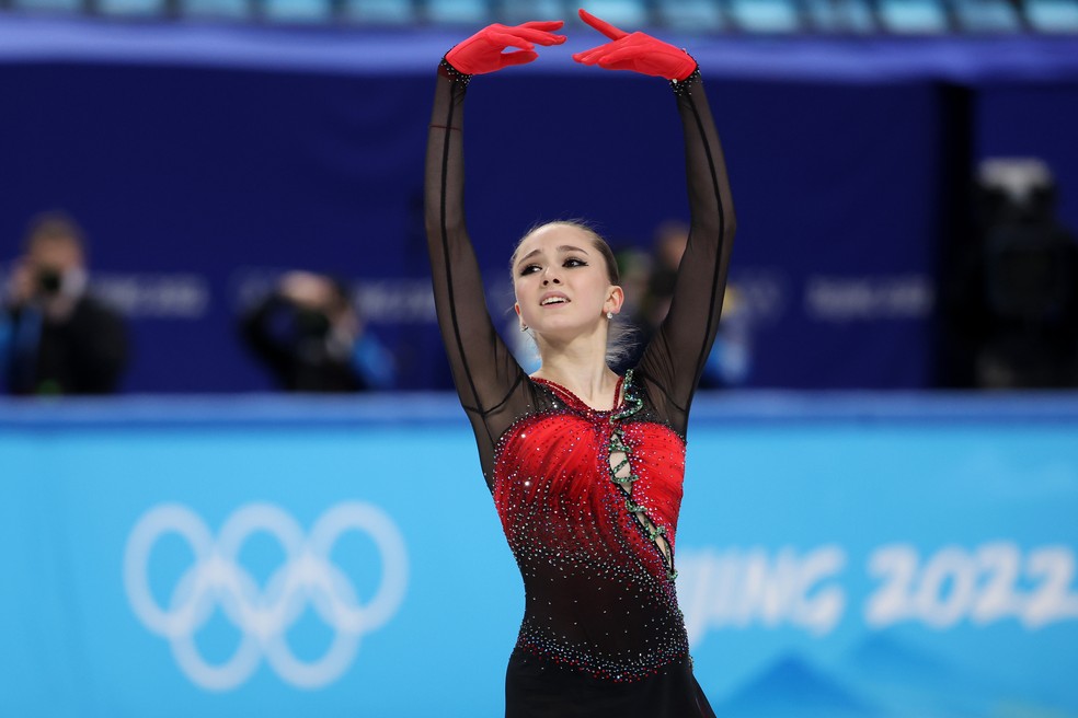 Kamila Valieva durante a competição de patinação artística em Pequim 2022 — Foto: Lintao Zhang/Getty Images