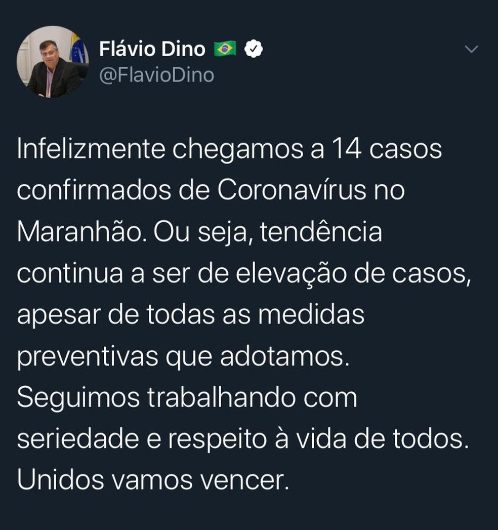 Governador Flávio Dino confirma por meio de uma rede social para quatro novos casos do novo coronavírus no Maranhão — Foto: Divulgação/Redes Sociais
