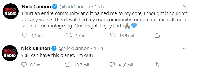 Nick Cannon disse que sua própria comunidade se voltou contra ele (Foto: Reprodução / Twitter)
