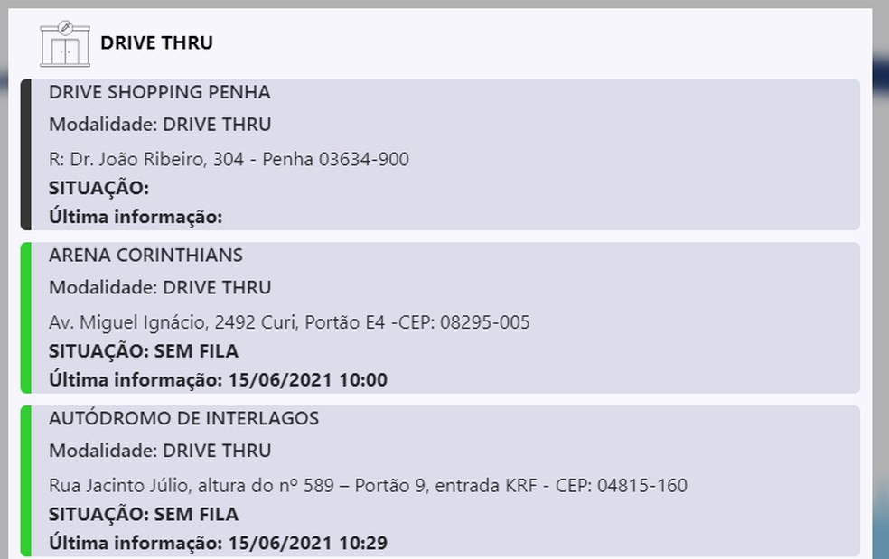 De Olho Na Fila: alguns postos ainda não disponibilizaram informação sobre o ritmo de vacinação nesta terça-feira (15) — Foto: Reprodução/ Prefeitura de SP