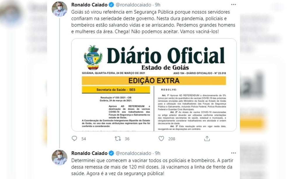 Em post nas redes sociais, governador afirma que profissionais de Segurança Pública serão vacinados contra a Covid-19 em Goiás — Foto: Reprodução/Twitter