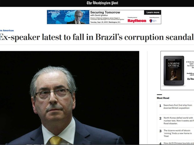 The Washington Post fala que Cunha é mais um político a cair ante os escândalos de corrupção que vem revoltando os brasileiros (Foto: Reprodução / The Washington Post)