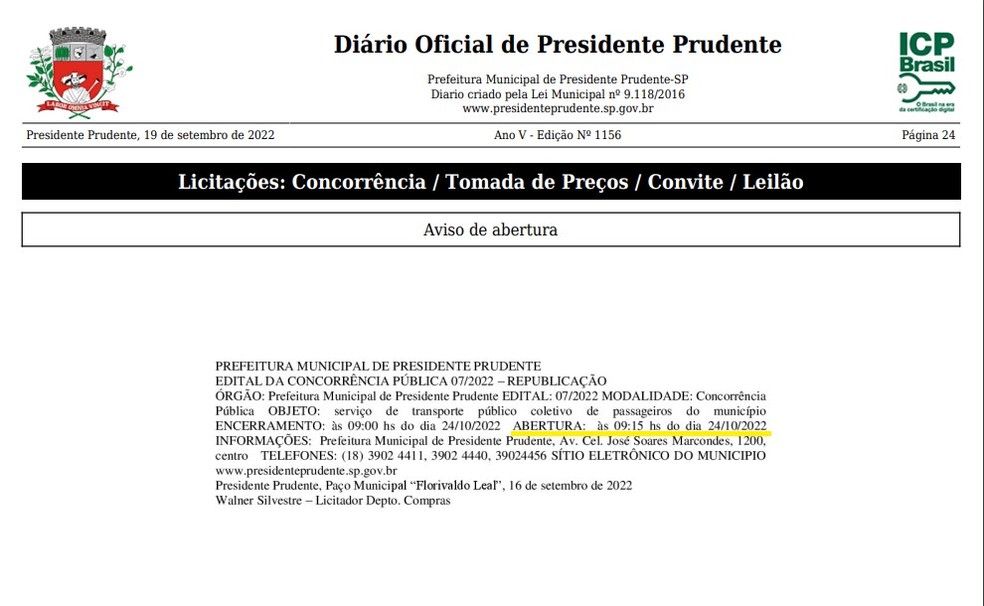 Edital publicado no Diário Oficial de Presidente Prudente (SP) no dia 19 de setembro — Foto: Reprodução/DOE