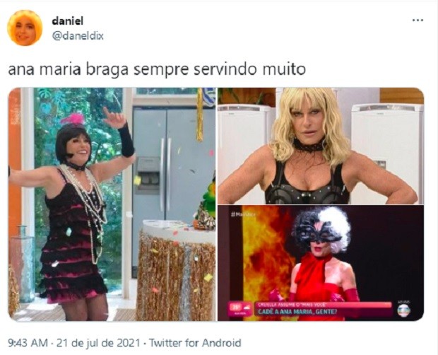 Ana Maria Braga viraliza após aparecer vestida de Cruella (Foto: Reprodução/Twitter)