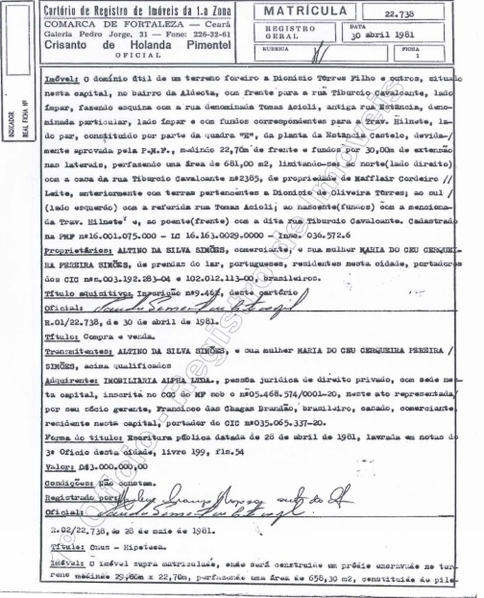 Documento atesta registro do edifício no cartório — Foto: Reprodução/SVM