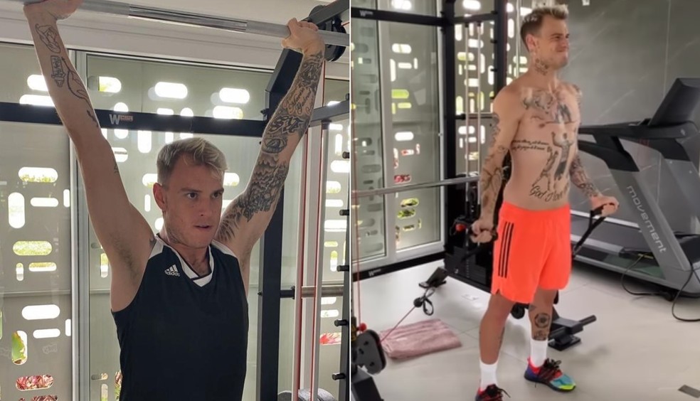 O atacante tira a camisa durante os exercícios e exibe as tatuagens — Foto: Reprodução/Instagram @rogerguedes23
