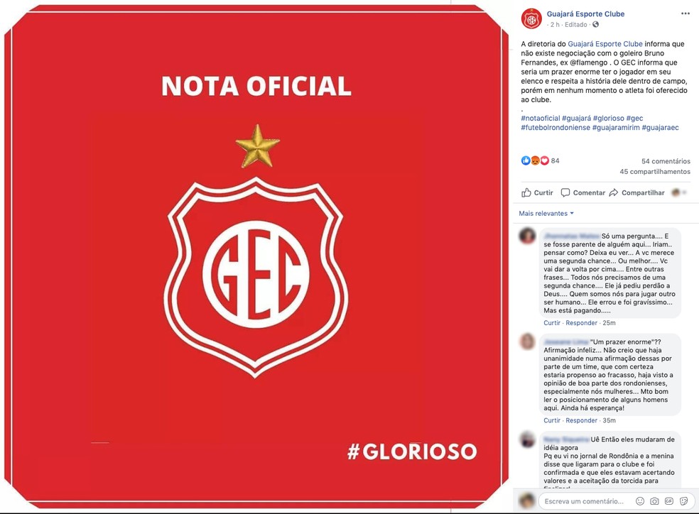 Nota oficial do Guajará Esporte Clube sobre possível contratação do goleiro Bruno — Foto: Divulgação/Facebook