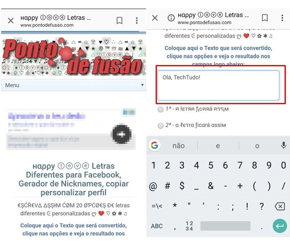 O site Ponto de Fusão oferece diferentes tipos de fontes para copiar e colar no WhatApp (Foto: Reprodução/ Taysa Coelho)