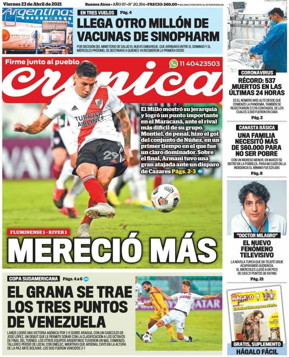 Jornal Cronica após Fluminense x River Plate — Foto: Divulgação