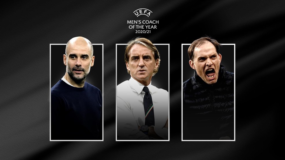 Guardiola, Mancini e Tuchel são os finalistas entre os treinadores — Foto: Divulgação / Uefa