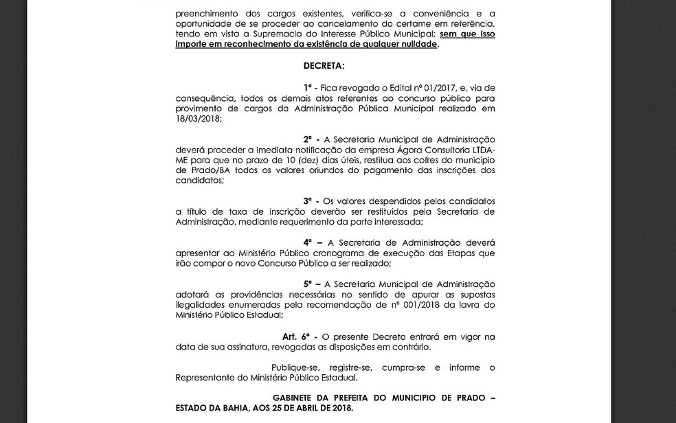 Revogação do concurso foi divulgada nesta quarta-feira no Diário Oficial de Prado  (Foto: Reprodução/Diário Oficial do Município)