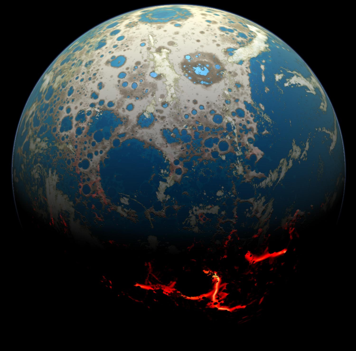 Concepção artística da Terra primitiva com uma superfície bombardeada por grandes impactos que fazem com que magma saia para a superfície (Foto: Southwest Research Institute)