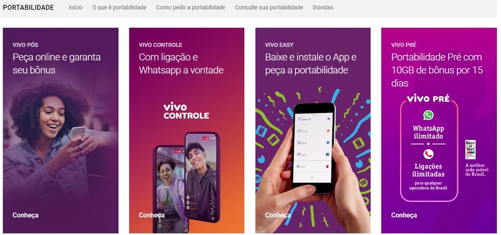 Site da Vivo indica possibilidades de planos para quem deseja fazer portabilidade — Foto: Reprodução/Vivo