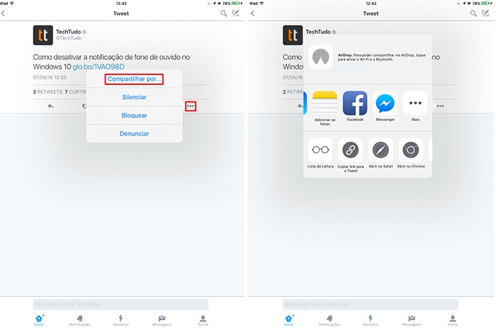 Twitter para iPhone e iPad tem botão diferentes para compartilhamento em apps (Foto: Reprodução/Elson de Souza)