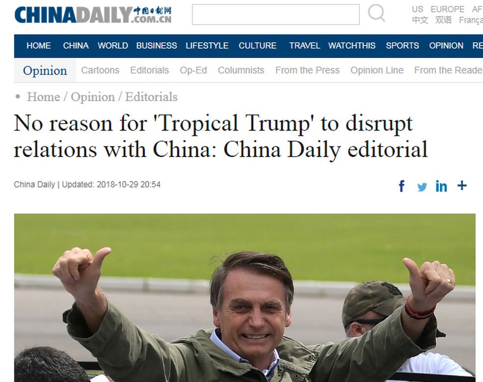 Editorial publicado pelo jornal estatal China Daily faz alerta a Bolsonaro — Foto: Reprodução