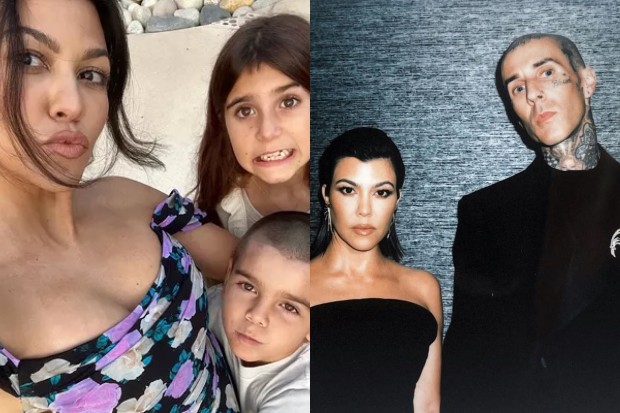 À esquerda, Kourtney Kardashian posa com Penelope e Reign em viagem; à direita, a influenciadora posa ao lado de Travis Barker (Foto: Reprodução/Instagram)