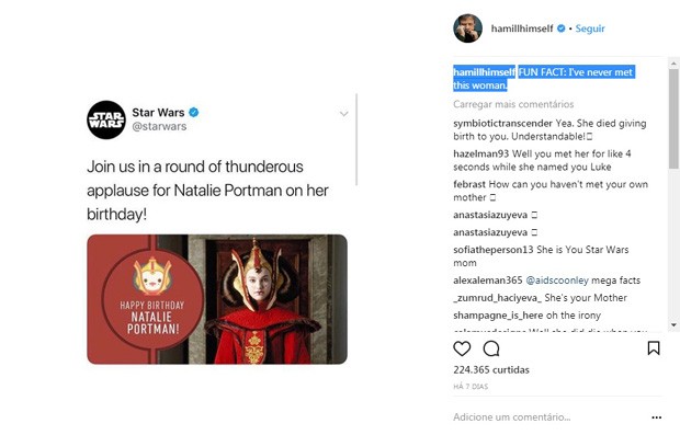 Postagem de Mark Hamill sobre Natalie Portman  (Foto: reprodução Instagram )