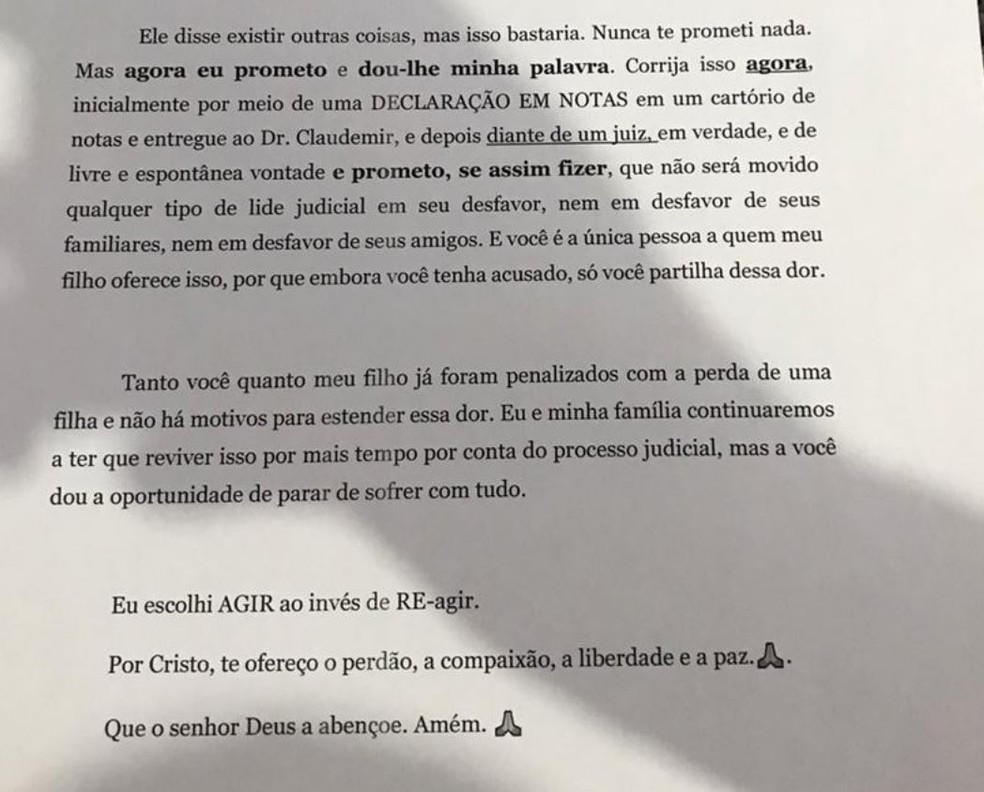 Na carta, Maria Gorete orienta como Micilene deve fazer para desistir do processo contra o filho — Foto: Arquivo pessoal