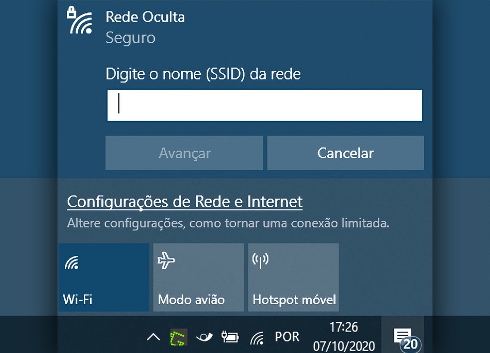Conexão com o Wi-Fi no Windows 10 detectando rede oculta e pedindo nome da rede (SSID). — Foto: Reprodução