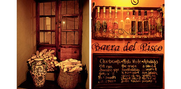 3. Detalhe e cozinha do restaurante Cicciolina; 4. Garrafas de pisco no bar El Pisquerito (Foto: Fernando Louza)