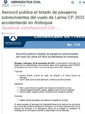 Nome do goleiro Danilo está na lista de sobreviventes divulgada pela agência de aviação colombiana (Foto: Reprodução / Twitter)