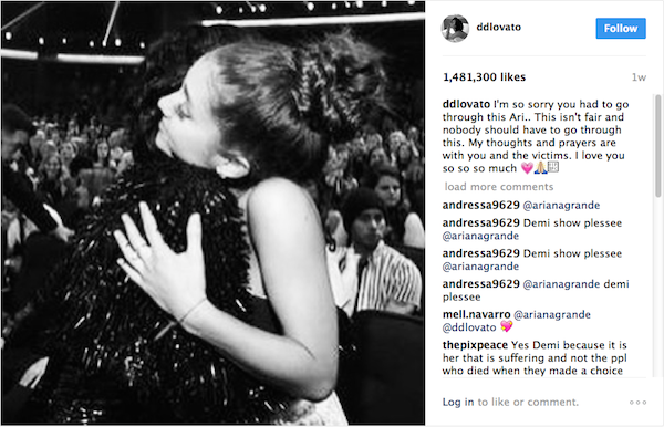 A homenagem feita por Demi Lovato à amiga Ariana Grande logo em seguida ao atentado ocorrido em Manchester (Foto: Instagram)