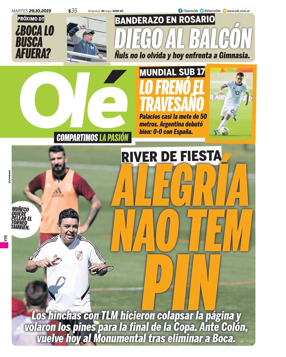 Capa do jornal Olé com a manchete em referência à disponibilização da senha (pin) para a compra de ingressos da final da Copa Libertadores — Foto: Reprodução