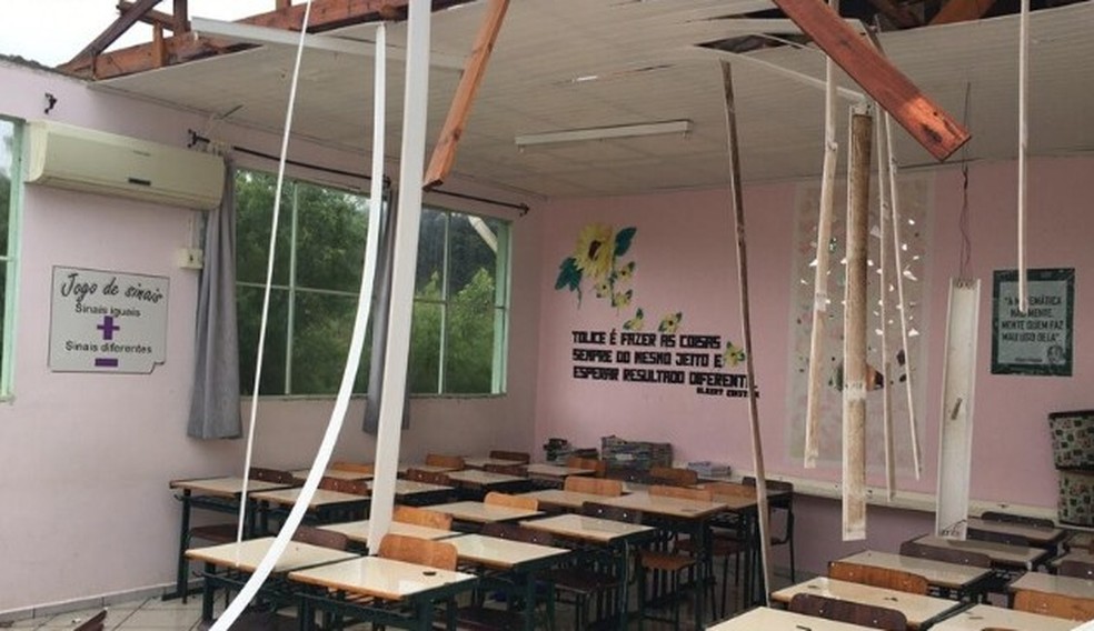 Telhados e mobiliários de dezenas de escolas ficaram danificados com passagem de ciclone bomba — Foto: SED-SC/Divulgação