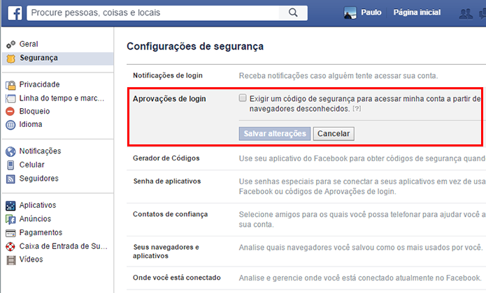 Habilite o login em duas etapas do Facebook (Foto: Reprodução/Paulo Alves)