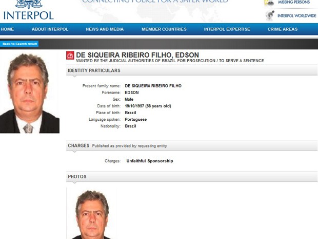 Site da Interpol usa foto do advogado de Cerveró, Edson Ribeiro, e diz que ele é procurado pela Justiça brasileira (Foto: Reprodução)