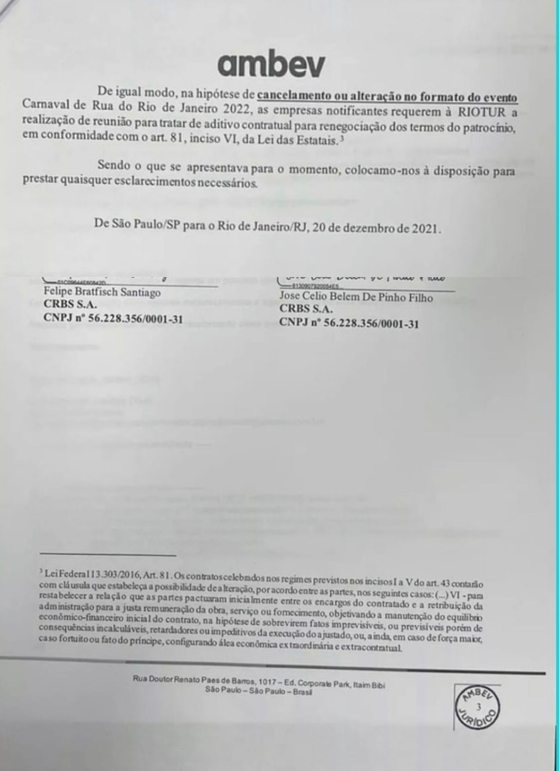 Ambev envia notificação para Prefeitura do Rio: dá até quarta, dia 5,  para Eduardo Paes decidir se vai ter  carnaval de rua na cidade