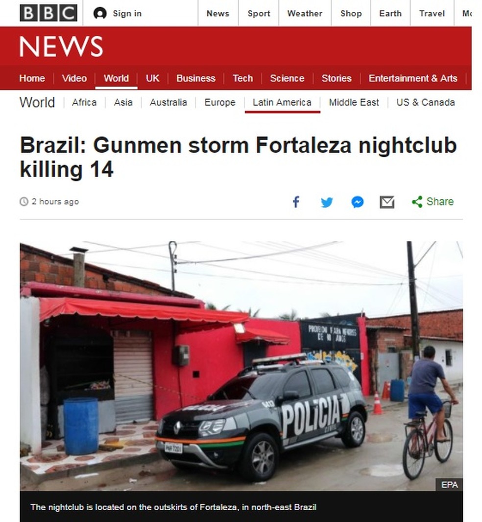 BBC destacou morte de 14 pessoas em Fortaleza (Foto: BBC/Reprodução)