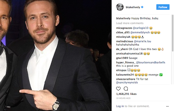 A piada de Blake Lively com Ryan Gosling no dia do aniversário de seu marido, o ator Ryan Reynolds (Foto: Instagram)