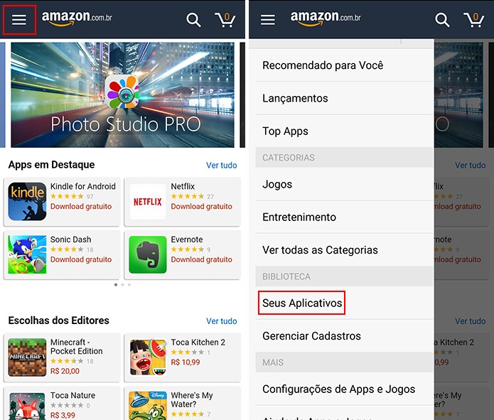Amazon Appstore exige que usuário procure por atualização de apps manualmente no Android (Foto: Reprodução/Elson de Souza)