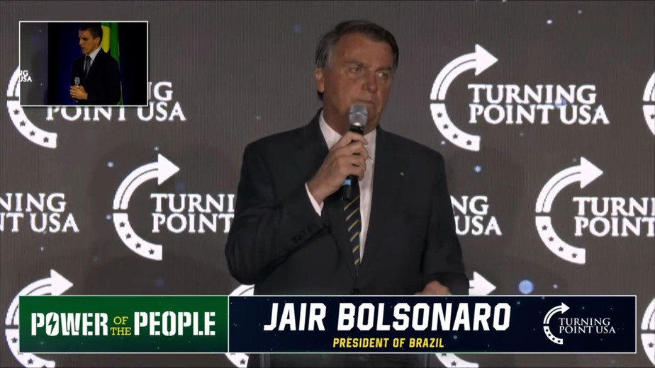 Jair Bolsonaro durante evento Power of the People (Poder para o Povo), organizado pelo grupo de extrema-direita Turning Point USA