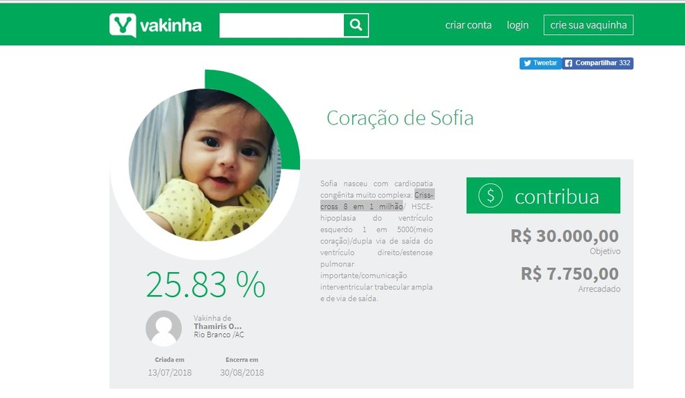 Família quer arrecadar R$ 30 mil para custear gastos sem cobertura em plano de saúde no tratamento de filha com doença rara (Foto: Reprodução/Vakinha)