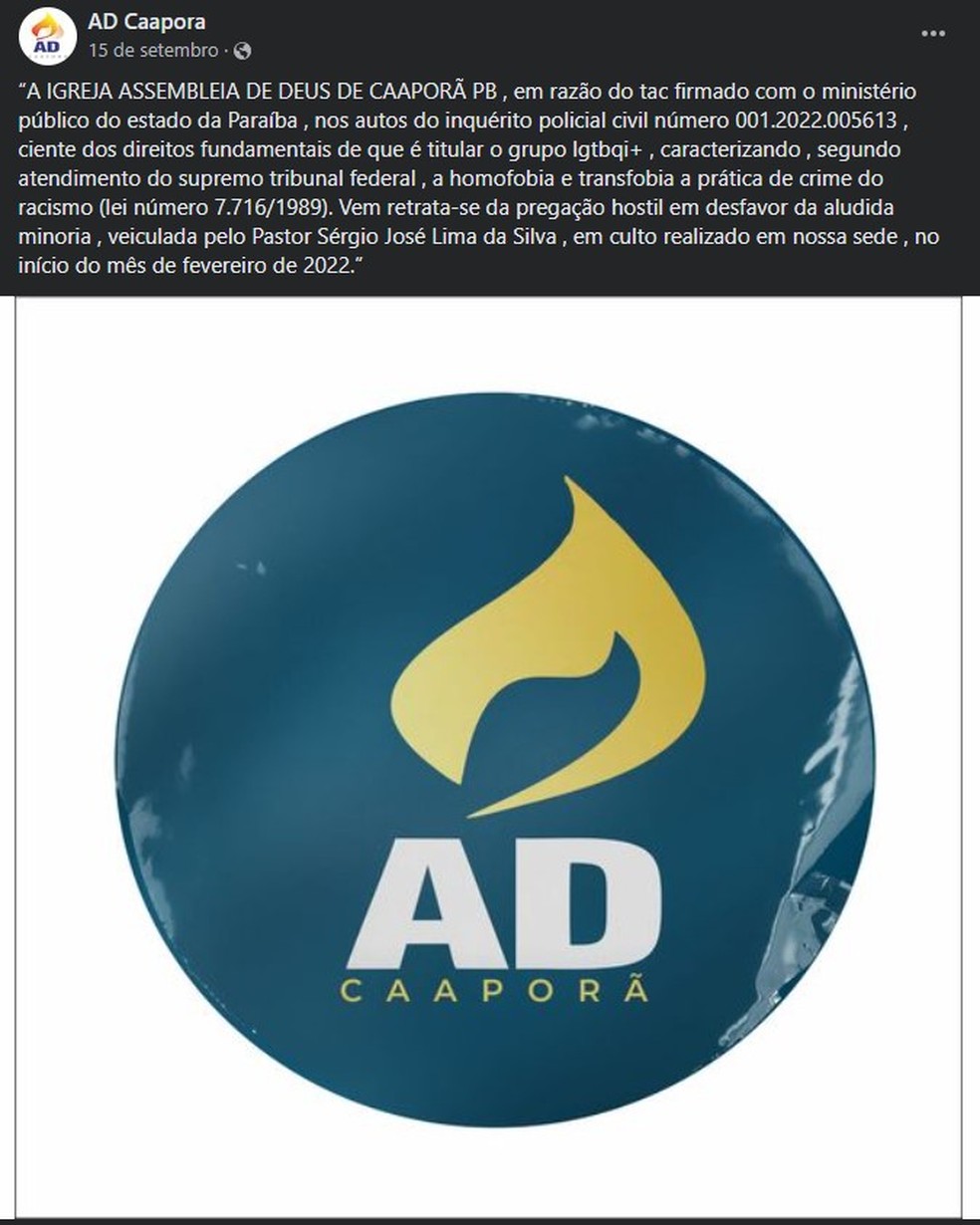 Igreja se retrata ap�s declara��es homof�bicas de Pastor e acordo com a Justi�a � Foto: Reprodu��o/Facebook