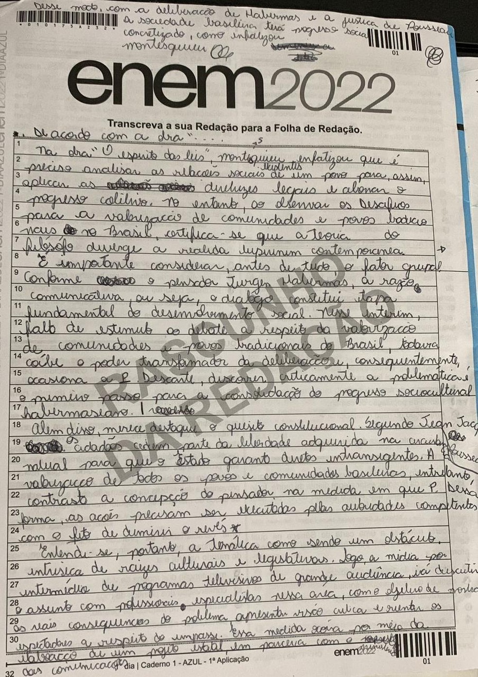 Rascunho da redação de Ana Beatriz — Foto: Arquivo pessoal
