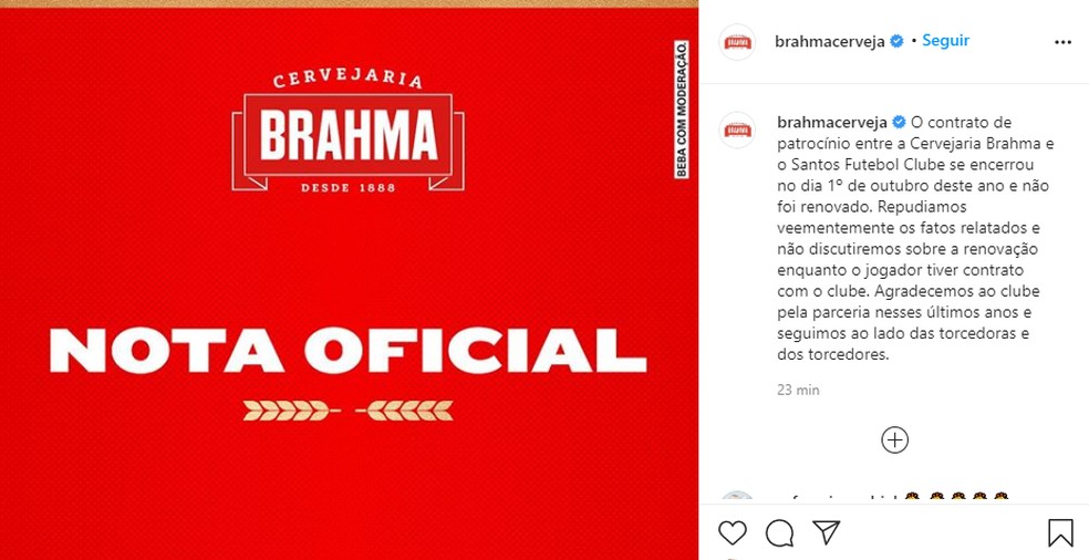 Brahma não renovará patrocínio ao Santos se Robinho jogar no clube — Foto: Reprodução / Instagram