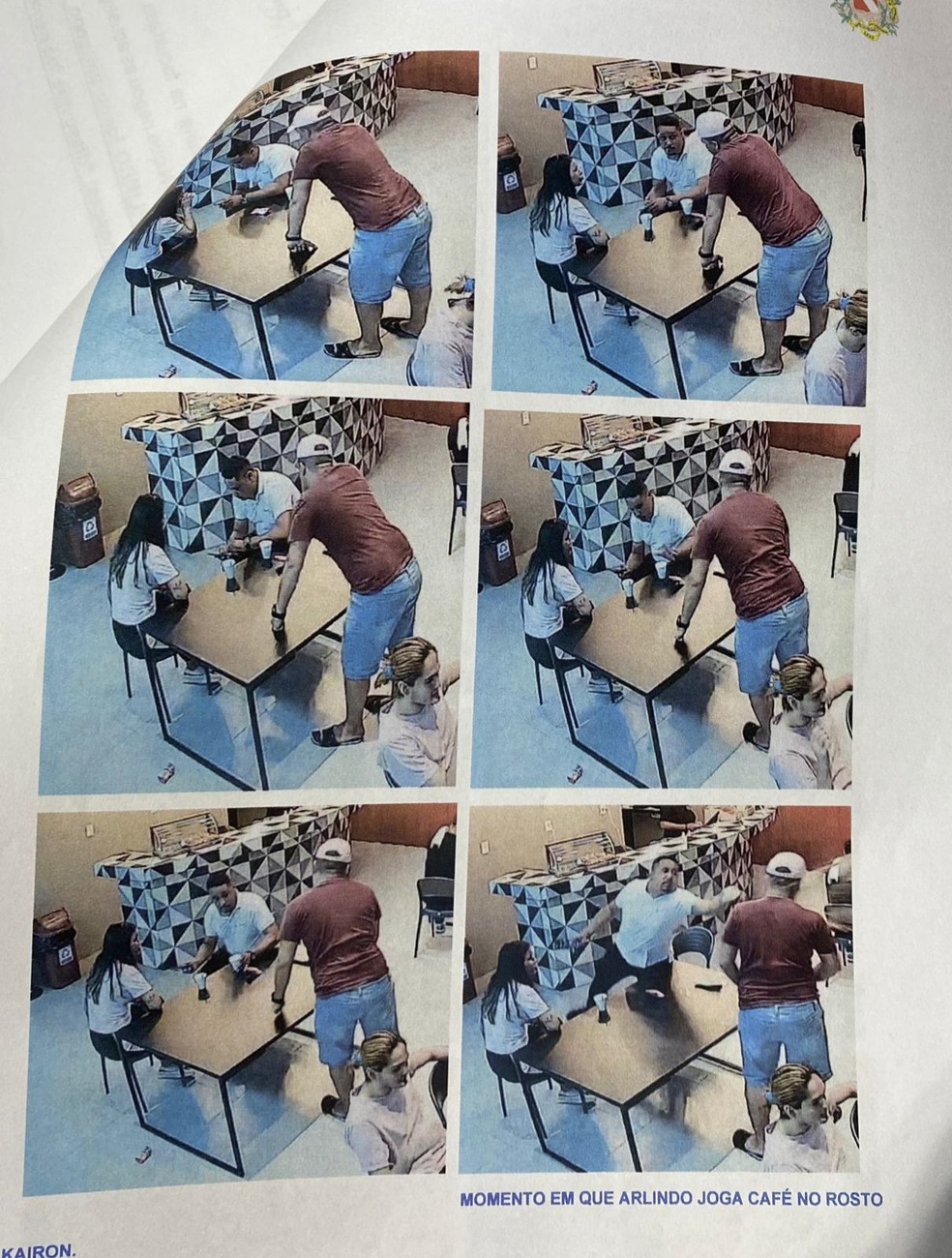 Momento em que Arlindo joga café quente no rosto de Kairon. — Foto: Polícia Civil