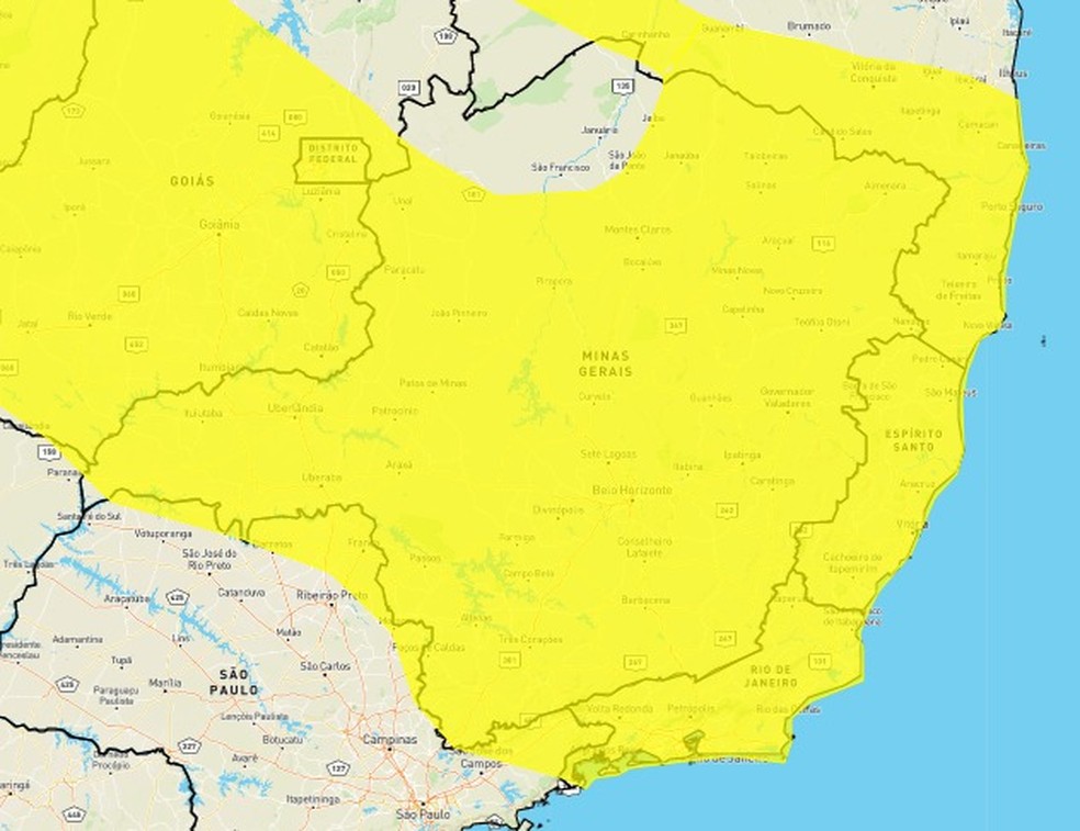Regiões de Minas Gerais apontadas pelo Inmet com risco de chuva intensa na segunda-feira (21) — Foto: Reprodução/Inmet