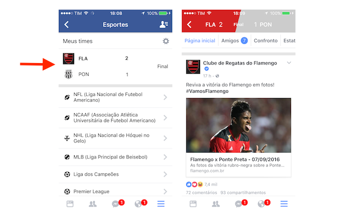 Página de informações sobre uma partida de futebol no Facebook para iPhone (Foto: Reprodução/Marvin Costa)