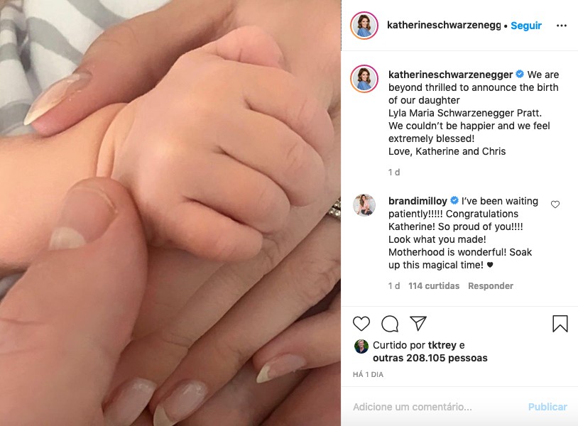 O post de Katherine Schwarzenegger anunciando o nascimento de sua filha com o ator Chris Pratt (Foto: Instagram)
