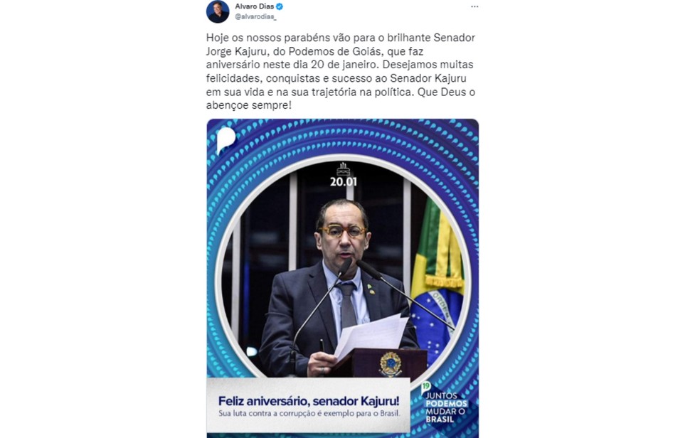 Alvaro Dias posta mensagem de feliz aniverário a Kajuru  — Foto: Reprodução/Twitter Alvaro Dias