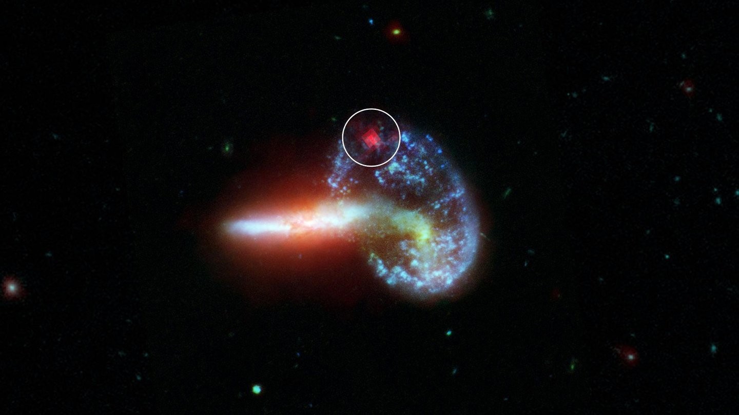 Imagem mostra a galáxia Arp 148, capturada pelos telescópios Spitzer e Hubble da Nasa. Dentro do círculo branco estão os dados do Spitzer que revelam a luz infravermelha de uma supernova até então oculta pela poeira. (Foto: NASA/JPL-Caltech )